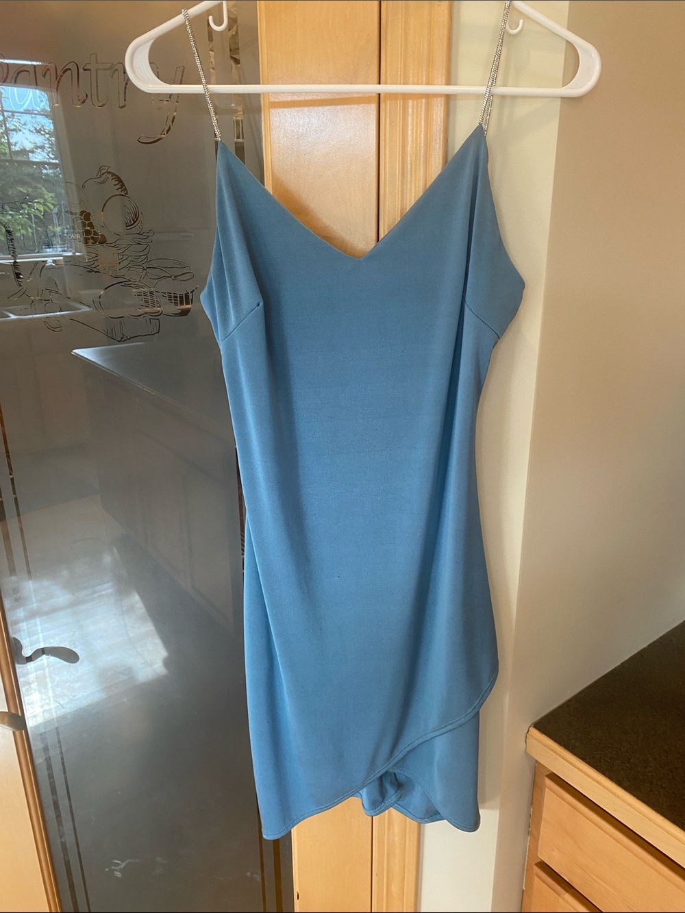 Blue Satin Slip Dress with Rhinestone Chain Straps